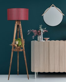 Opviq Lámpara de Pie de Madera con Estantería y Pantalla de Tela Marrón y Burdeos